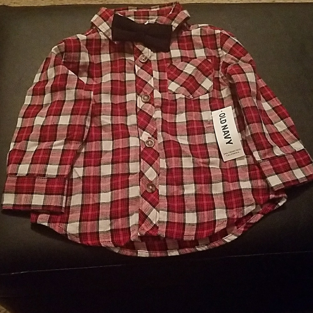 Old navy plaid shirt with bowtie.